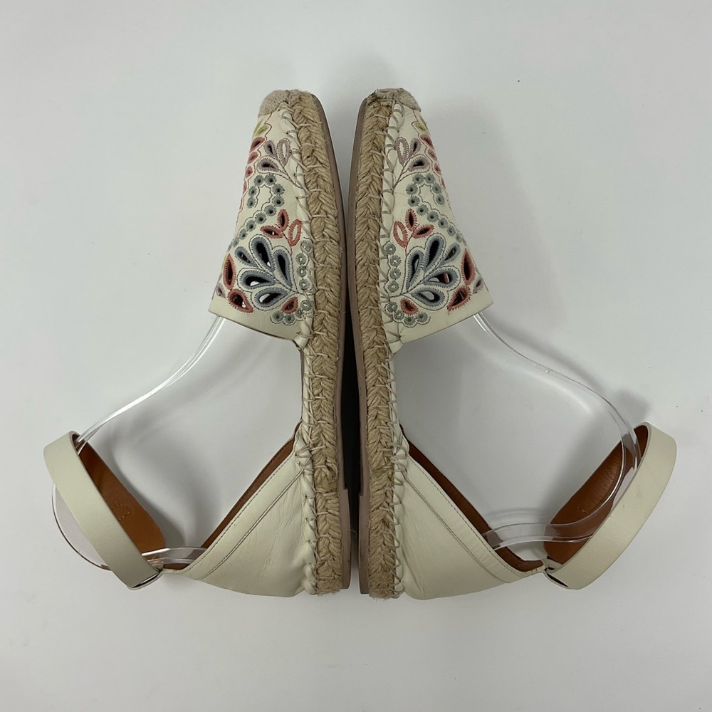 Valentino Cream Leather Floral Embroidered Ankle Strap Espadrille Flats - Picture 9 of 13